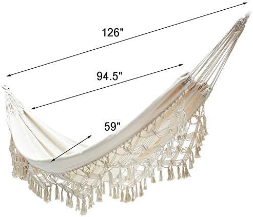 Boho Large Brazilian Macrame Double Hammock Swing Bed with Carry Bag for Patio,Bedroom, Yard, Beach, Indoor, Outdoor & Wedding Party Decor, White(Beige) Party