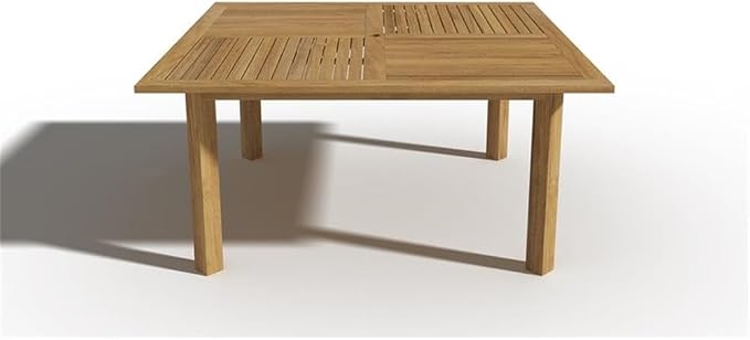 Pemberly Row Traditional Teak Outdoor Dining Table, 62 x 62 x 29.5 in, Natural Finish, Premium Teak Wood, Slated Top with Umbrella Hole, Weather-Resistant Patio Furniture for Large Outdoor Spaces