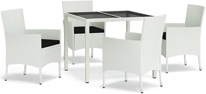 Afuera Living 5-Piece Patio Dining Set, White Poly Rattan, Powder-Coated Steel, Adjustable Armrests, Cushioned Seats, Modern Indoor/Outdoor Table and Chairs, Garden, Terrace or Balcony Use