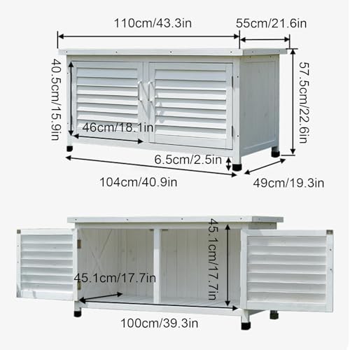 Outdoor Deck Box, Solid Wood and Metal Patio Storage, Garden Box with Plastic Feet for Balcony and Patio