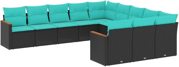 11 Piece Patio Sofa Set with Cushions, Outdoor Sofa Sets Porch Furniture Set Patio Conversation Set Outdoor Dining Sets for Poolside Negotiation Area Exhibition Piazza Black Poly Rattan