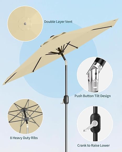 IDEALHOUSE 9Ft Outdoor Patio Umbrella, 8 Sturdy Ribs Table Umbrella With Crank Lift & Push Button Tilt, Market Umbrella UV Protection Waterproof for Garden, Deck, Backyard, Pool
