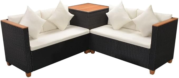 vidaXL Patio Furniture Set 4 Piece, Patio Conversation Set with Cushions, Outdoor Sectional Sofa with Coffee Table for Garden, Poly Rattan Black