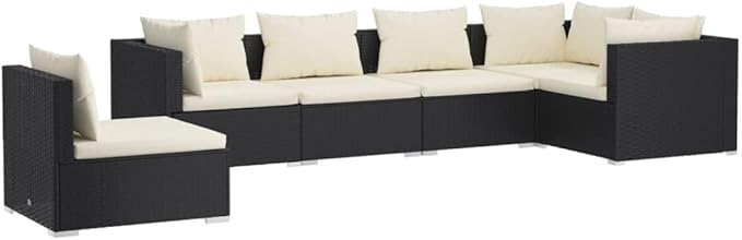 6 Piece Patio Lounge Set with Cushion, Outdoor Patio Sectional Furniture Conversation Sets Piece Patio Set Patio Lounge Set s Poly Rattan Black