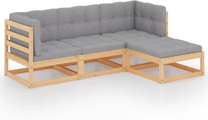 4 Piece Patio Lounge Set with Cushions, Porch Furniture Set Outdoor Sofa Sets Patio Conversation Set Sectional Sofa for Garden Exhibition Poolside Negotiation Area Solid Wood Pine