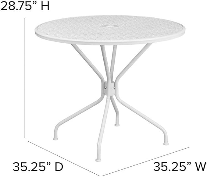 Afuera Living Round Steel Patio Dining Table, 35.25 in, White Powder Coat Finish, Flower Print Top with Umbrella Hole, Indoor/Outdoor Durable Bistro Table for Home, Cafe, Restaurant