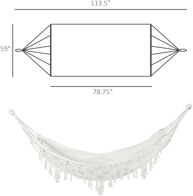 Large Boho Rope Hammock with Carrying Case, Macrame Pattern Bed for Patio Camping Garden Beach, Includes Tassel Fringe, White Outdoor Hanging Chair
