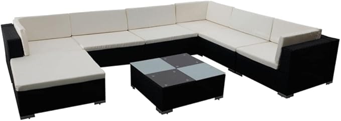 8 Piece Patio Lounge Set with Cushions, Outdoor Dining Sets Front Porch Furniture Sectional Sofa Patio Conversation Set for Garden Piazza Exhibition Poolside Poly Rattan Black