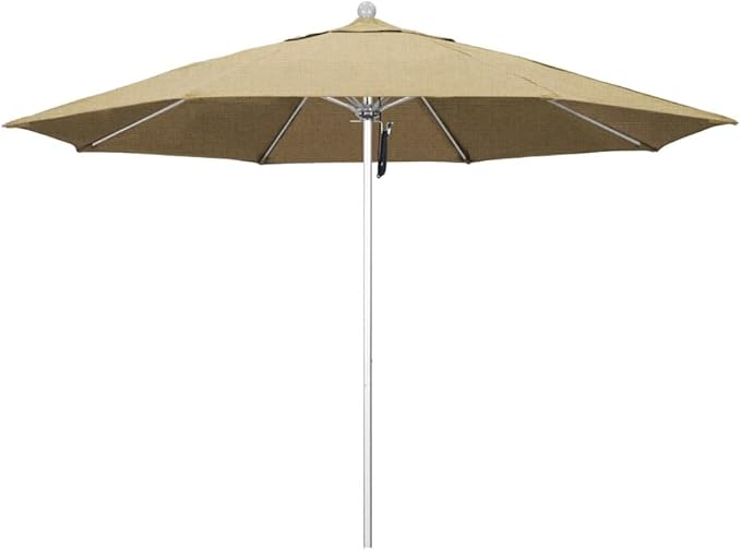 California Umbrella 11' Rd. Venture Series Contract Grade Patio Umbrella, Pulley Open, Silver Finish, Sunbrella Linen Sesame