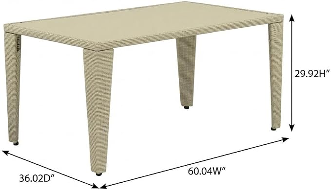 Beige Outdoor Wicker Dining Table Rectangle Pe Wicker with Glass Top, 36X60 Inch, Weather-Resistant, Stylish for Patio and Garden Use