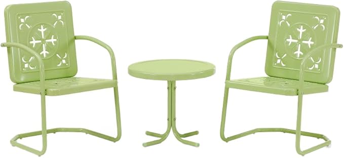 Crosley Furniture Azalea 3-Piece Vintage Outdoor Chair and Side Table Set, Retro Metal Patio Conversation Sets, Key Lime Gloss