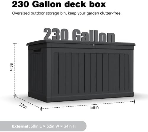 230 Gallon Large PC Resin Outdoor Deck Box, Hydraulic Lift Lid Waterproof Storage Bench, Multipurpose Storage Box for Patio Cushions Garden Tools Pool Supplies Backyard Deck