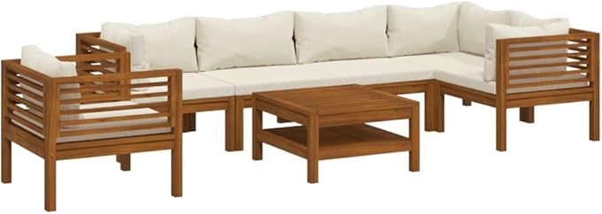 7 Piece Patio Lounge Set, Outdoor Dining Sets Front Porch Furniture Porch Furniture Set Patio Conversation Set for Negotiation Area Poolside Piazza with Cream Cushion Solid Acacia Wood