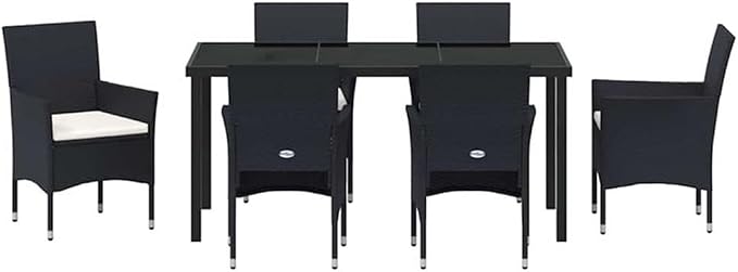 Afuera Living 7 Piece Poly Rattan Garden Dining Set, Black Finish, Powder-Coated Steel Frame, Weather-Resistant Cushions, Tempered Glass Table, Seating for 6, Outdoor Patio or Backyard Dining Use