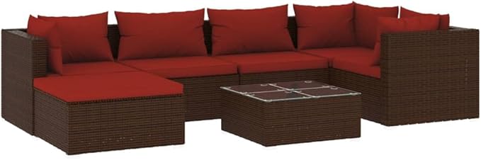 7 Piece Patio Lounge Set with Cushion, Outdoor Patio Sectional Patio Lounge Set Furniture Conversation Sets Piece Patio Set s Poly Rattan Brown