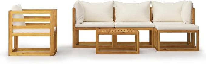 Patio Lounge Set with Cushion,Outdoor Patio Furniture,Outdoor Chat Conversation Set,Garden Furniture Sets,for Patio,Backyard,Garden,Outdoor,6 Piece Cream Solid Acacia Wood