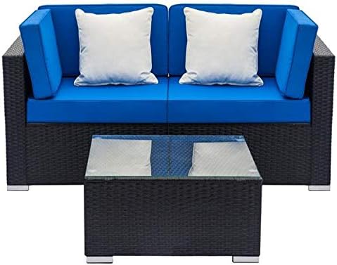 2 PCs Outdoor Patio Loveseat, Garden PE Rattan Wicker Furniture Sectional Sofa Patio Conversation Set with Cushion and Glass Table