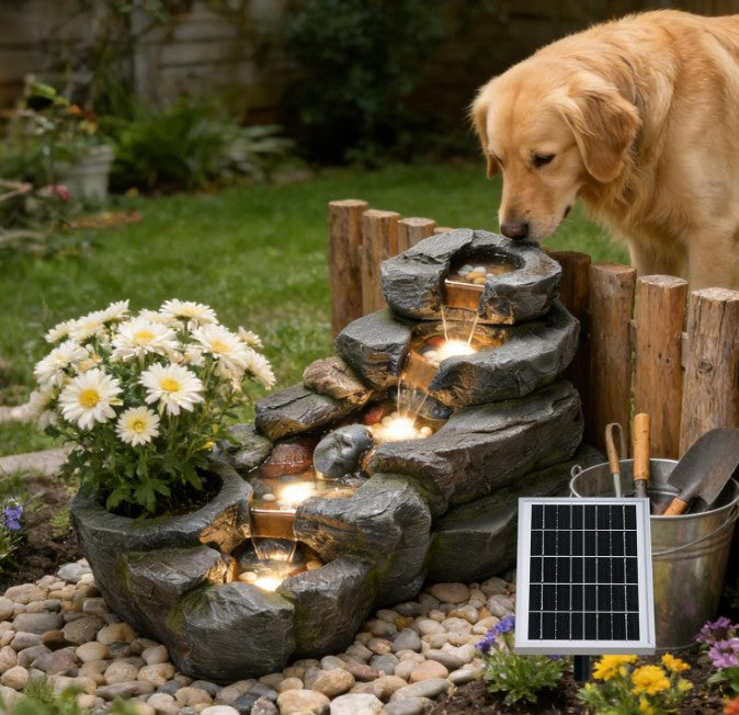 Solar Water Fountain Outdoor, 38 "L Rock Waterfall Fountains Solar Powered Floor Standing Outdoor Water Feature with LED Lights for Patio, Garden,Porch, Yard, Home Art Decor（Grey）