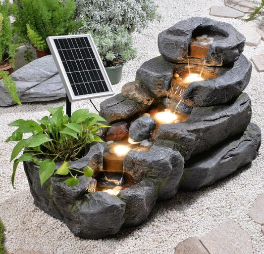 Solar Water Fountain Outdoor, 38 "L Rock Waterfall Fountains Solar Powered Floor Standing Outdoor Water Feature with LED Lights for Patio, Garden,Porch, Yard, Home Art Decor（Grey）