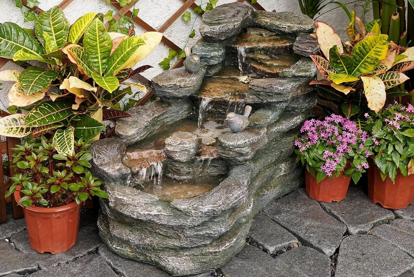 36" L Cascading Outdoor Water Fountain with LED Lights 5-Tier Resin Rock Waterfall Fountain for Garden, Patio, Yard or Indoor Decor