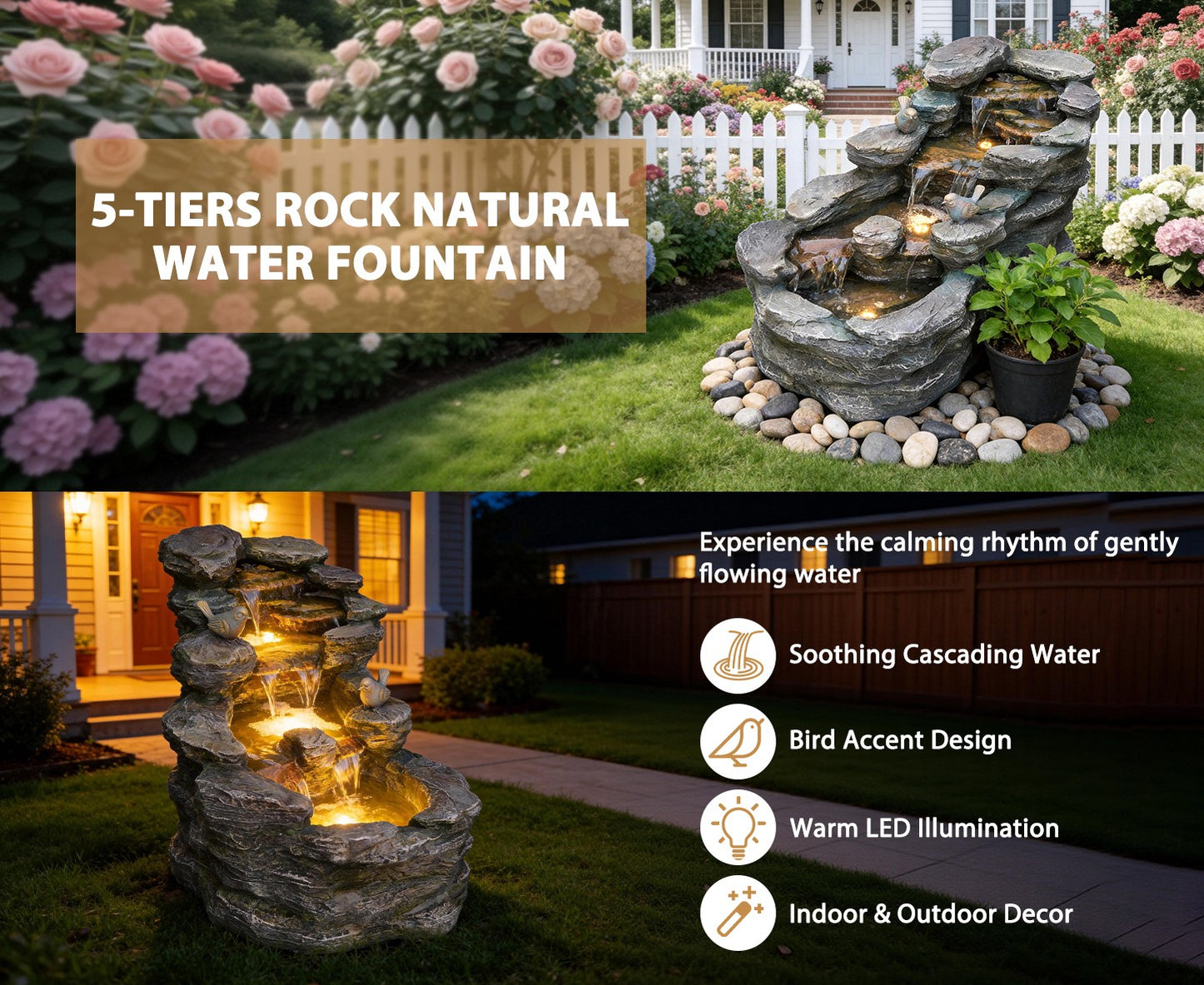 36" L Cascading Outdoor Water Fountain with LED Lights 5-Tier Resin Rock Waterfall Fountain for Garden, Patio, Yard or Indoor Decor