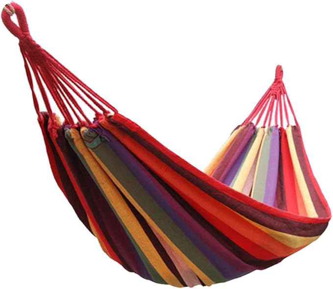 Kisangel Striped Canvas Hammock Swing, Portable Outdoor Camping Hanging Chair 190x85cm, Rainbow Color for Patio Backyard Garden Use