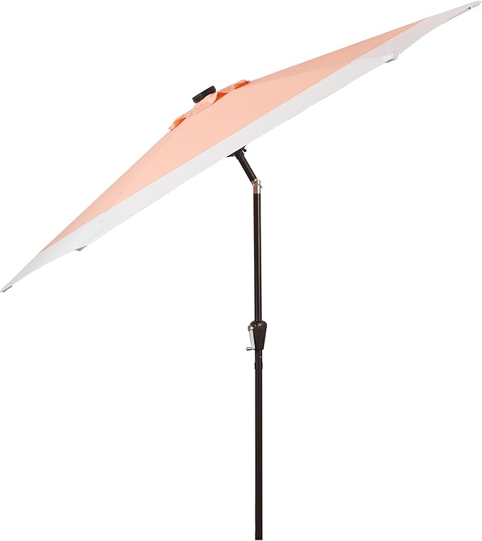 JONATHAN Y Spencer 9 ft. Solar Powered LED Patio Umbrella with Crank and Tilt, Hexagon Outdoor Market Sunshade for Garden, Deck and Pool, Coral Pink/White, Dark Brown Pole UMB1100D