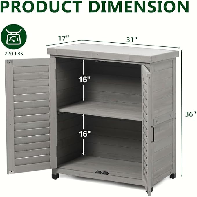Sturdy Potting, Outdoor Storage Cabinet, Solid Wood Work Table, Metal Top, Louvered Doors, Magnetic Door, Gray, 31.5 17 36 Inch