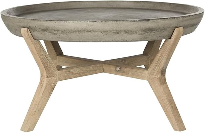 Pemberly Row Round Wood/Concrete Coffee Table, 18.1 in Height, Dark Gray Finish, Weather Resistant, Indoor/Outdoor Use, Sculptural Design, 33.4 in Diameter