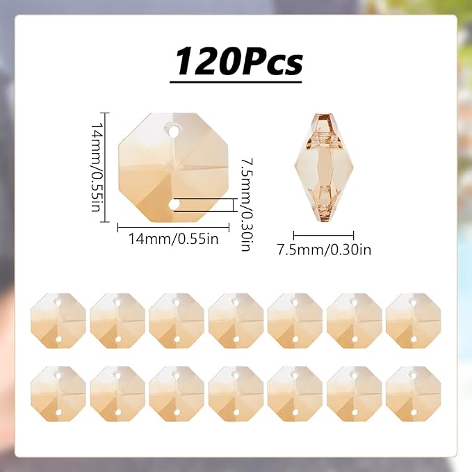 1 Box 120Pcs Glass Octagon Prism Beads Suncatcher Bead Bulk Replacement Sun Catcher Glass Link Connector Prisms Chandelier Crystals Faceted Loose Bead for Jewelry Making Chandelier DIY Crafts