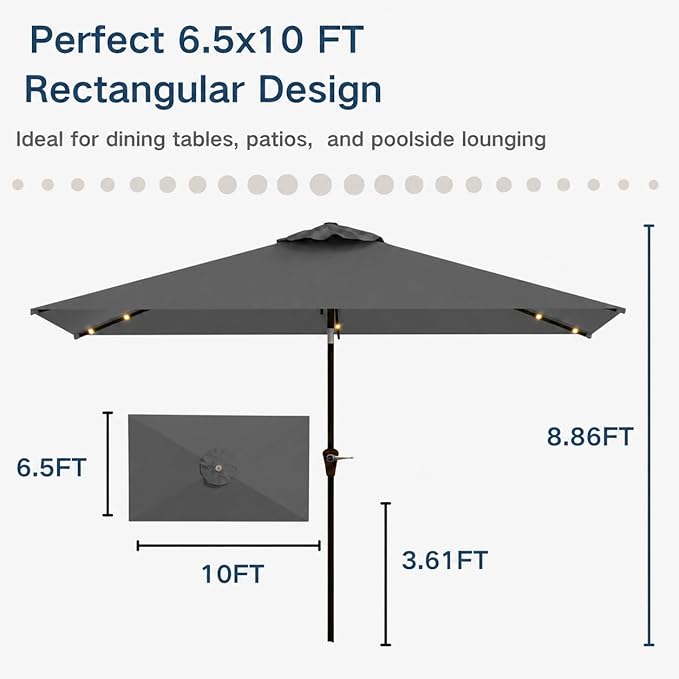 6.5 x 10ft Rectangular Patio Umbrella with Solar Lights, 16 LED Lighted Market Umbrella with Push-Button Tilt and Crank, 6 Sturdy Iron Ribs for Garden, Deck, Pool, Gray