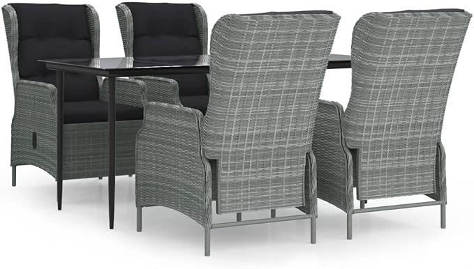 5 Piece Patio Dining Set Light Gray Poly Rattan with Tempered Glass Table, Reclining Chairs and Cushions, Outdoor Garden Conversation Set for Backyard Deck Lawn Porch, Weather Resistant Furniture
