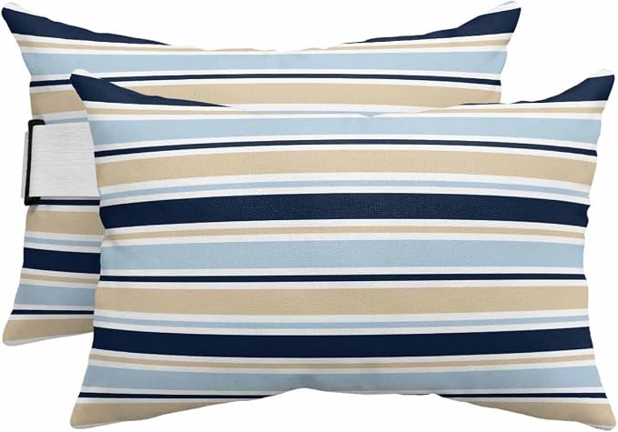 Pack of 2 Outdoor Lumbar Pillow Covers 12x20 Inch, Navy Blue Khaki Striped Waterproof Throw Pillow Covers Set, Farmhouse Stripes Modern Abstract Art Decorative Cushion Cases for Patio Porch Car