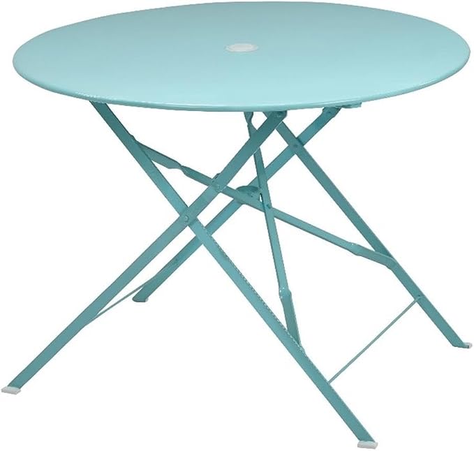 Pemberly Row 36" Round Folding Metal Bistro Table, Teal Finish, Built-in 2" Umbrella Hole, Powder Coated Durable Outdoor Patio Table, Compact Space-Saving Design for Backyard or Garden Use