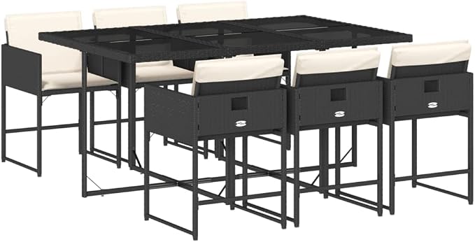 7 Piece Patio Dining Set with Cushions Black Poly Rattan Outdoor Furniture for Garden Backyard Deck Tempered Glass Table Foldable Chairs Cream White Cushions
