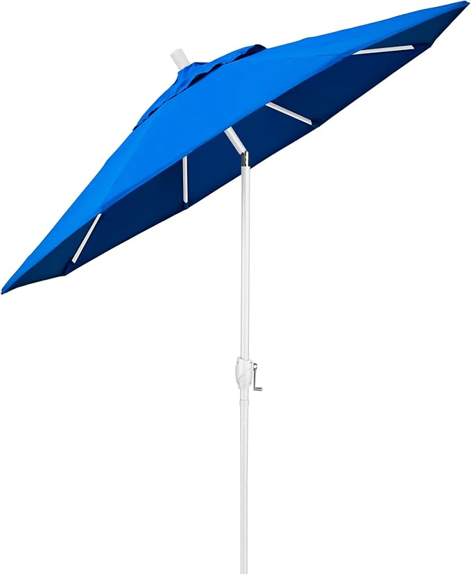 California Umbrella 9' Round Aluminum Market Umbrella, Crank Lift, Push Button Tilt, White Pole, Royal Blue Olefin