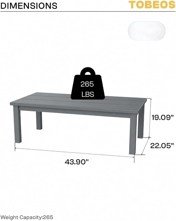 HDPE Outdoor Coffee Table, Weather-Resistant Rectangle Patio Coffee Table with Large Tabletop for Balcony, Deck, Garden, Poolside (Grey)