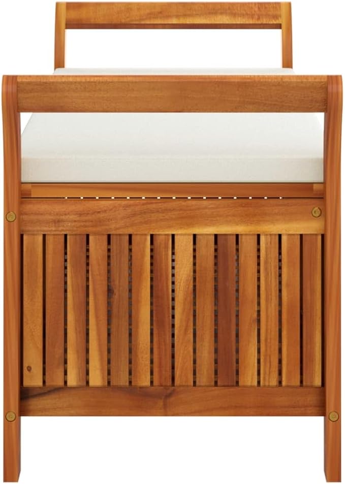 Wooden Outdoor Patio Storage Bench Large Deck Box with White Cream Cushion 49.6"x19.7"x23.6" Solid Wood Acacia Storage Box Deck Box with Seat for Garden, Balcony, Porch, Pool,Yard -AA