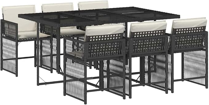 7-Piece Black PE Rattan Patio Dining Set with Cushions | Includes 6 chairs and 1 table in a space-saving cube design with cream white cushions for backyard and deck dining.