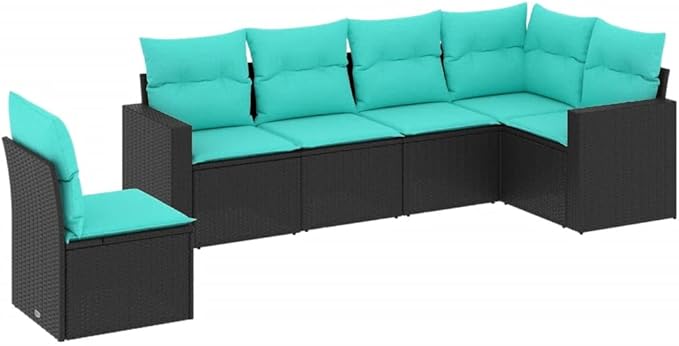 6 Piece Patio Sofa Set with Cushions, Porch Furniture Set Garden Lounge Set Patio Conversation Set Front Porch Furniture for Exhibition Negotiation Area Garden Piazza Black Poly Rattan