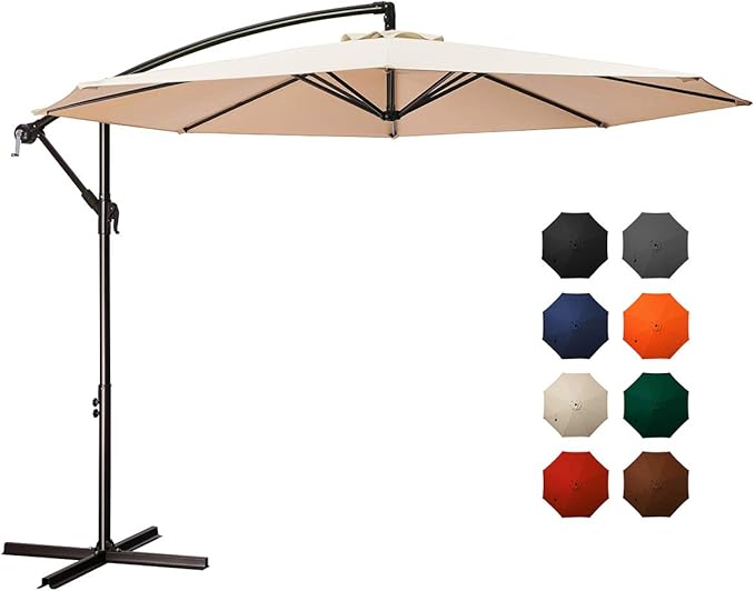 MEWAY 10ft Outdoor Umbrella Patio Offset Cantilever Umbrella, Large Market Deck Pool Backyard Sunshade Umbrella with 8 Sturdy Ribs, Crank & Cross Base