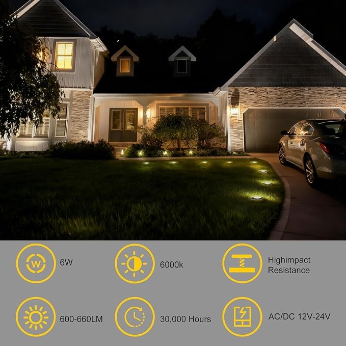 JESLED 12 PackOutdoor Landscape Lights, Low Voltage In Ground Well Lights | 3000K Warm White, 6W LED, 12V/24V, IP67 Waterproof, 5-Ton Pressure Resistant & 90° Beam for Driveway Decks Step Garden