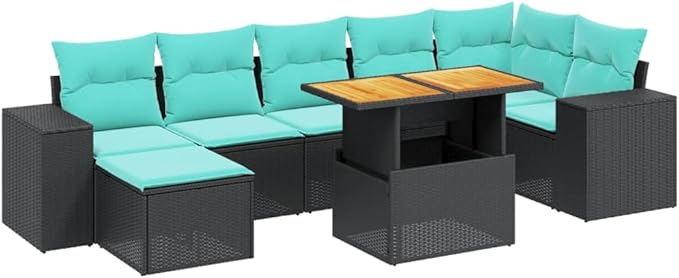 vidaXL Patio Sofa Set with Cushions 8 Piece, Outdoor Conversation Set, Sectional Sofa for Balcony Garden, Modern Style, Black Poly Rattan