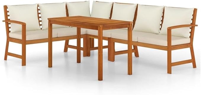 Afuera Living 5-Piece Modular Patio Dining Set, Solid Acacia Wood, Natural/Brown Finish, Weather-Resistant Cushions, Smooth Retro Design, Includes Benches and Sofa, Outdoor Garden or Terrace Seating