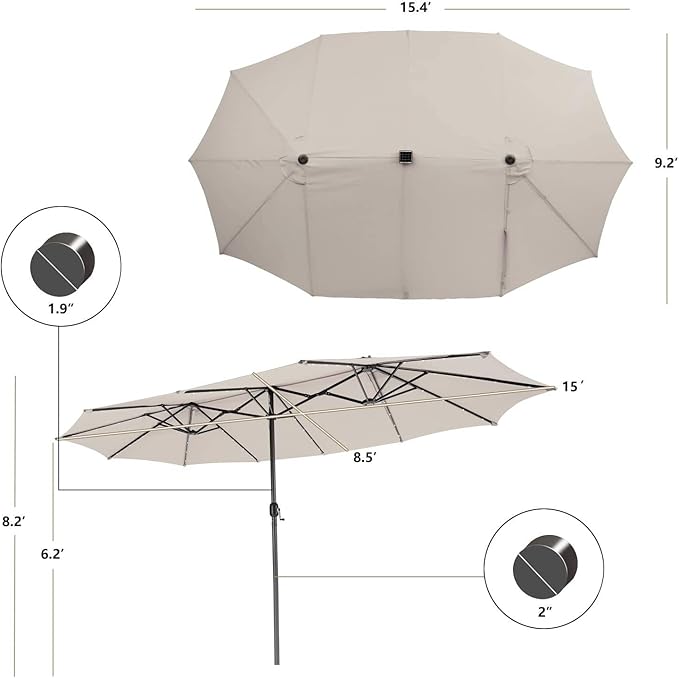 Tangkula 15 Ft Solar Patio Umbrella, Double-Sided Extra Large Outdoor Market Table Umbrella with 48 LED Lights, Crank Handle, 12 Sturdy Ribs for Poolside, Garden & Backyard (Beige)