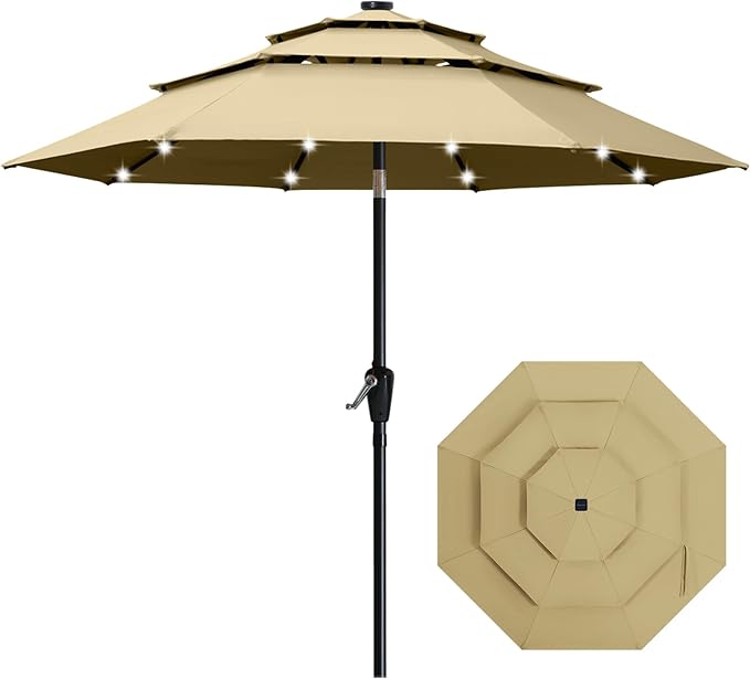 ABCCANOPY 3-Tiers 9FT Solar Patio Umbrella, Outdoor Umbrella with 32 LED Lights for for Pool, Garden, Backyard (Soft Khaki)