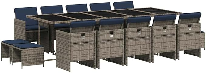 15 Piece Garden Dining Set with Cushions Grey Poly Rattan Outdoor Patio Furniture Set with 10 Folding Chairs Storage Stool Tempered Glass Table UV Resistant Max Load 110 kg Navy Blue