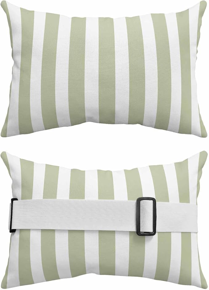 Sage Green Striped Outdoor Chaise Lounge Head Pillow with Insert,Modern Farmhouse Sage Green White Stripes Waterproof Lumbar Pillow Cusion Cover with Elastic Strap for Patio Recliner,11"x16" 1PCS