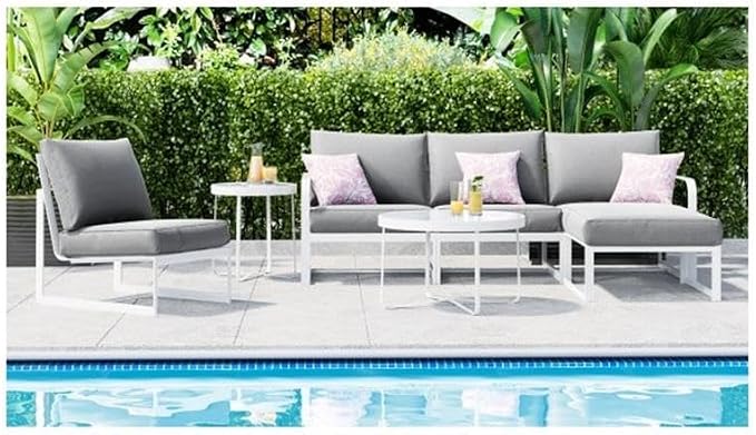 Afuera Living Modern Outdoor Side Table, 20 x 20 x 22 in, Metal Frame, French White Finish, Gray Tempered Glass Top, Sturdy Design, Contemporary Style, Perfect for Patio, Poolside, or Garden Use