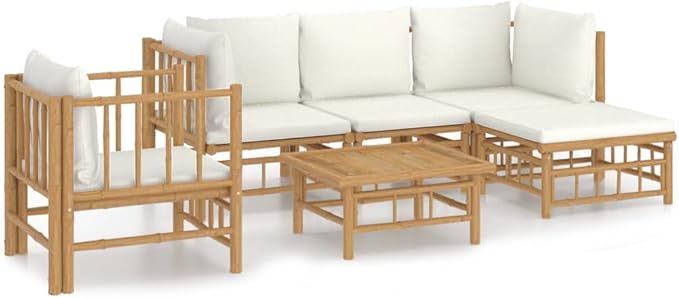 6 Piece Patio Lounge Set with Cream White Cushions, Front Porch Furniture Patio Conversation Set Outdoor Sofa Sets Porch Furniture Set for Exhibition Poolside Garden Piazza Bamboo